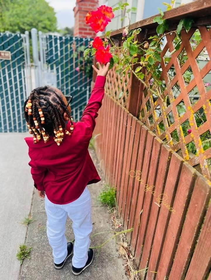 Child reaching for bright flowers along a garden fence