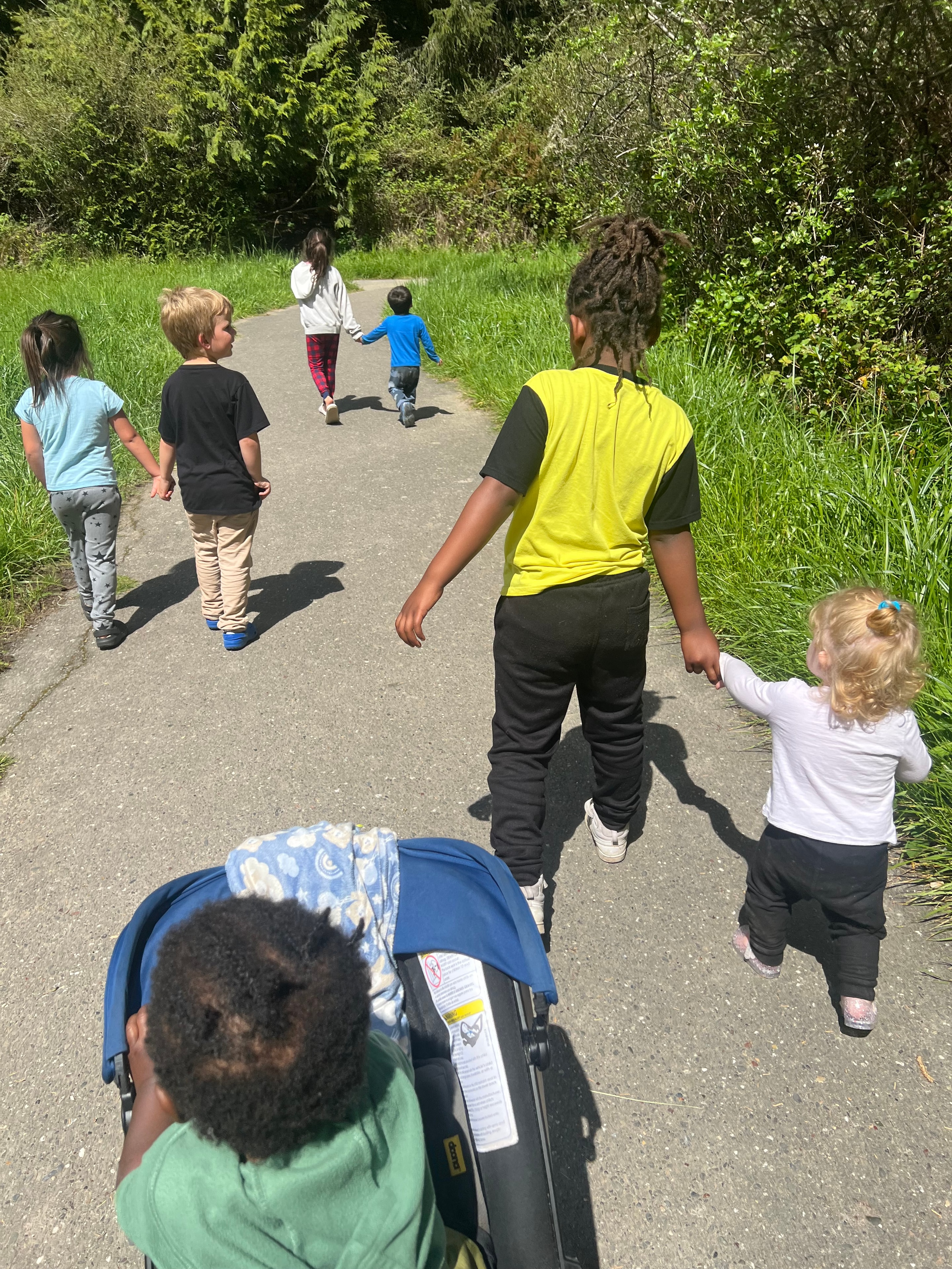 Children and adults walking together along a path