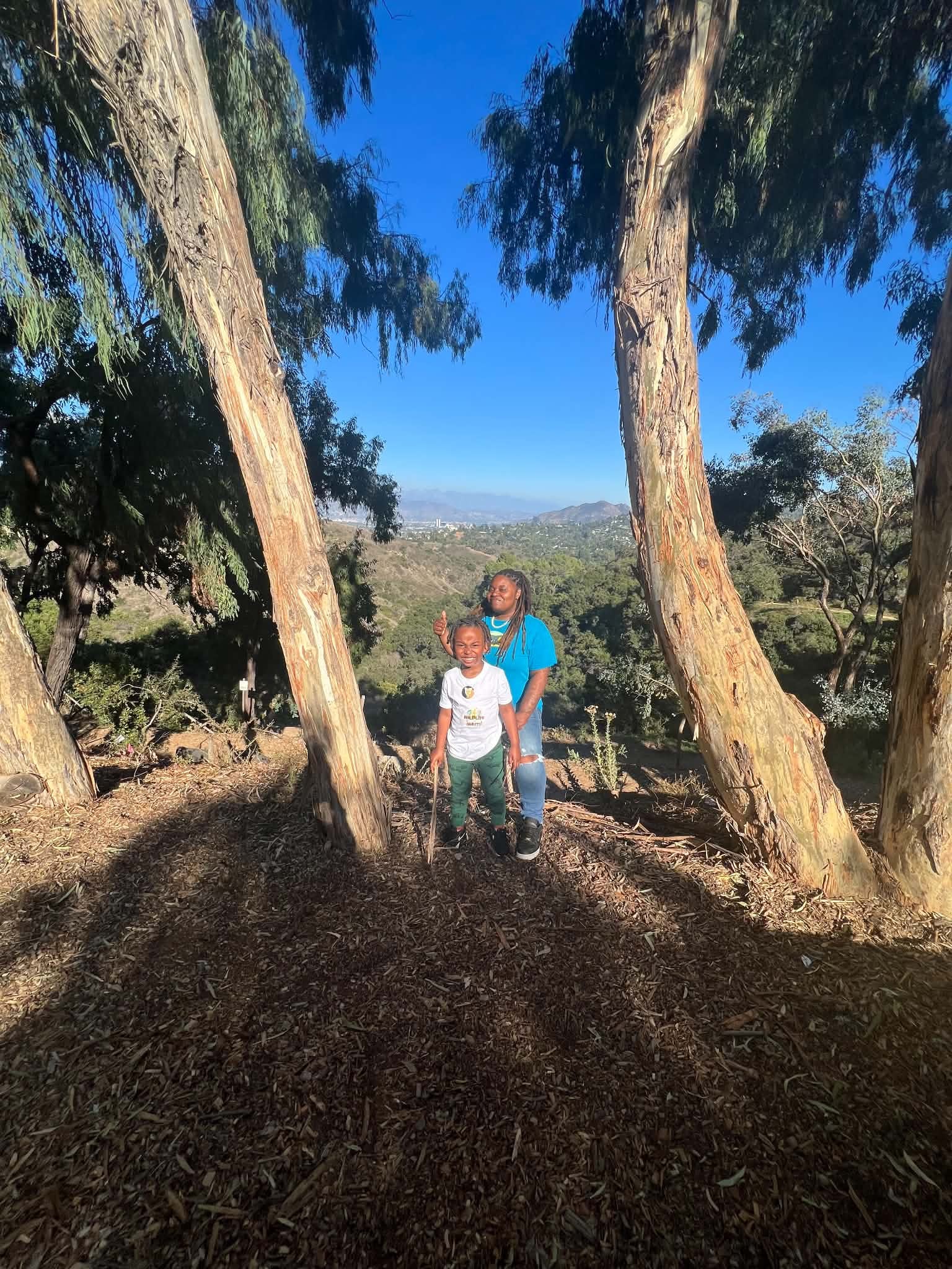 Adult and child enjoying an outdoor walk among eucalyptus trees
