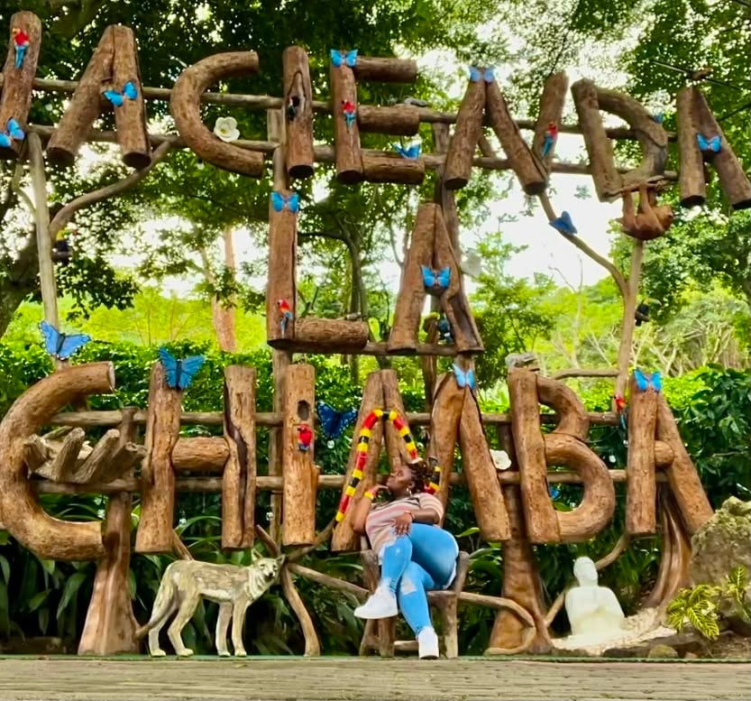 Community member enjoying a colorful woodland sign display