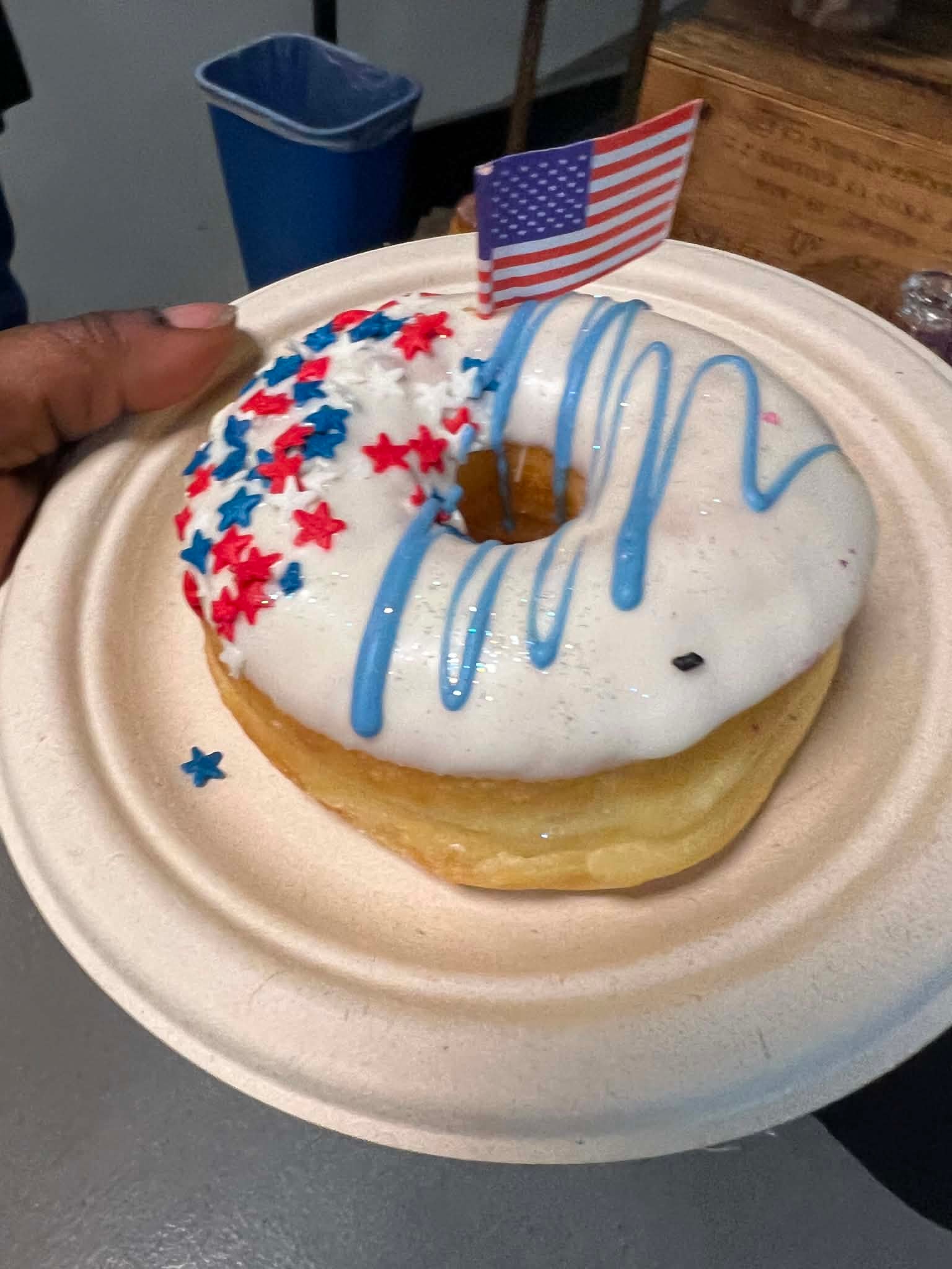 Patriotic-themed decorated donut treat