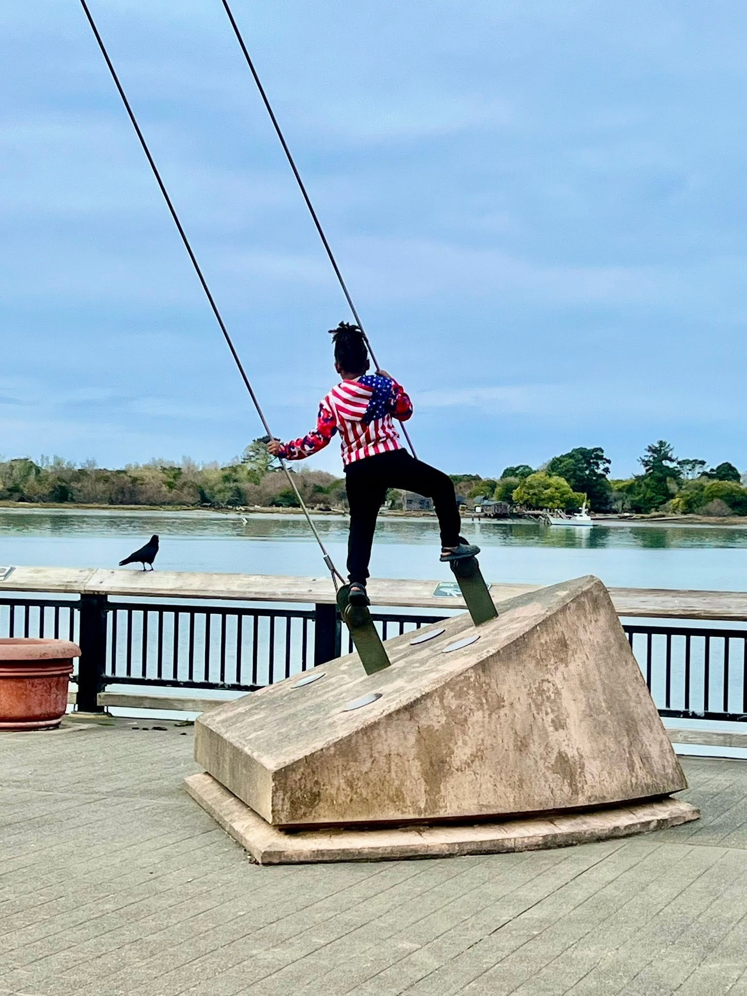 Child enjoying a waterside playground swing