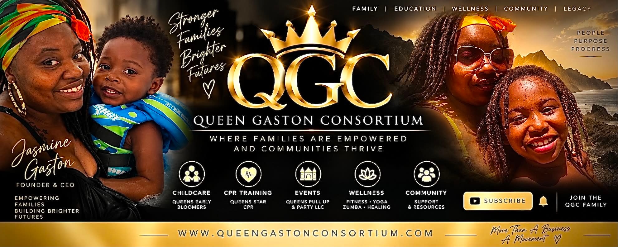 Queen Gaston Consortium family, education, wellness, community, and legacy banner
